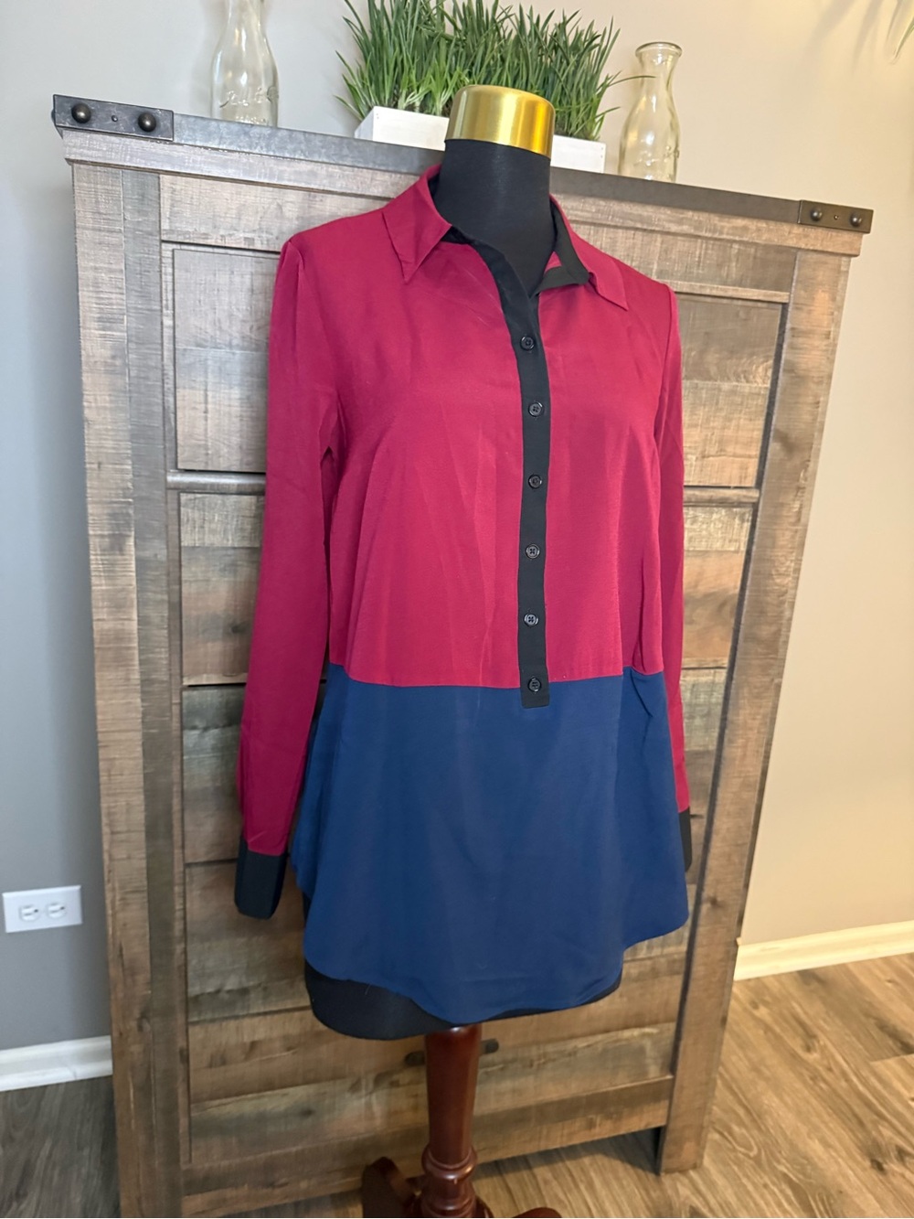 French Connection Colorblock Blouse Women Small Berry Navy Button Down